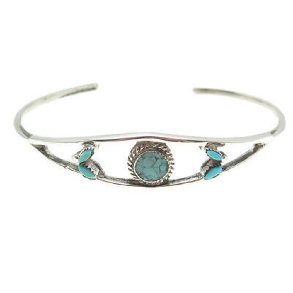 Old Pawn 925 Sterling Silver Vintage Turquoise Inlay Adjustable Bracelet 5.75" - Picture 3 of 7